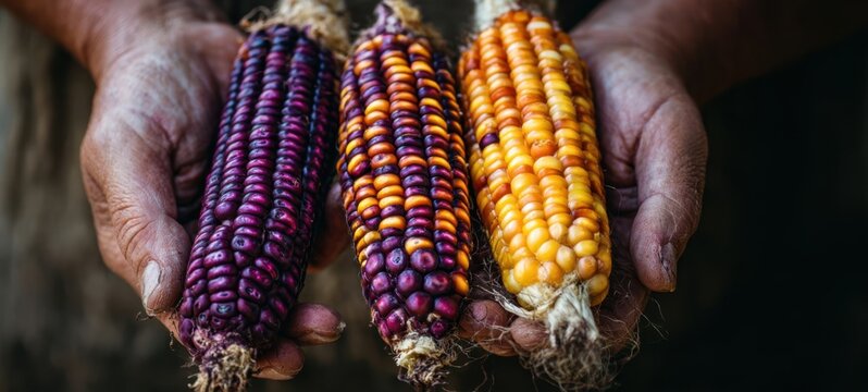 The heirloom corn cobs in weathered hands showcasing vibrant purple and golden kernels