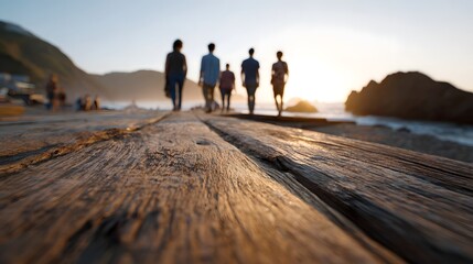 Fototapeta premium Silhouetted figures walk toward the golden horizon on a weathered wooden boardwalk at sunrise or sunset