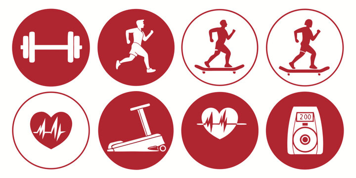 Collection of red and white fitness icons showcasing weightlifting running skateboarding heart rate monitoring with ecg waves a treadmill machine digital workout tracking