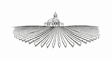Naklejka premium Stylized black and white illustration of church amidst vineyard rows