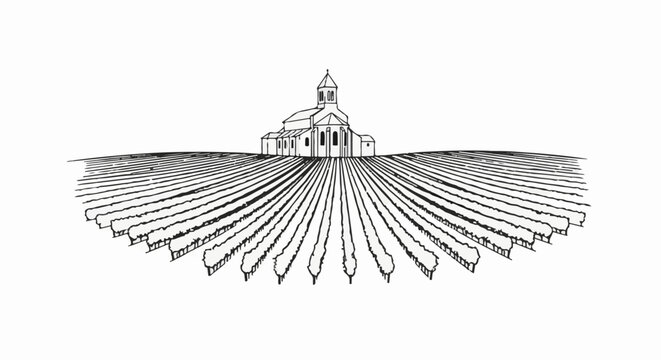 Stylized black and white illustration of church amidst vineyard rows