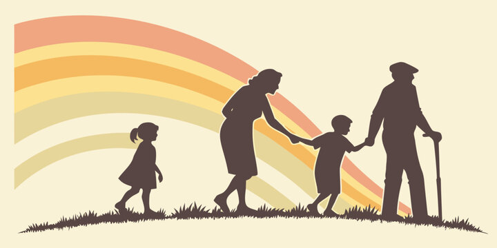 Multi-generational family walking together holding hands in silhouette against a colorful rainbow arc old age silhouettes children grandparents generations togetherness