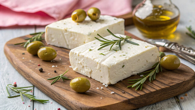 Fresh Feta Cheese with Olives, Rosemary and Olive Oil &ndash; Mediterranean Appetizer on Rustic Wooden Board