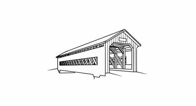 Stylized black and white line drawing of a classic covered bridge
