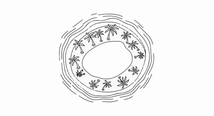 Stylized circular illustration of a tropical island with palm trees