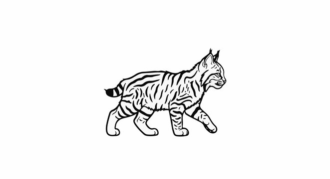 Stylized black and white drawing of a bobcat walking left
