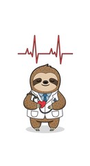 Obraz premium A cartoon sloth doctor in a white coat holds a stethoscope, next to a red heartbeat line and a heart