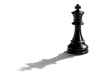 Naklejka premium Black chess king piece casting a long shadow on white background