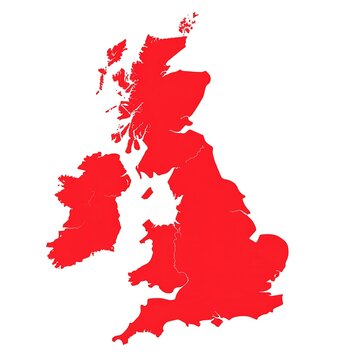 Simplified, solid red silhouette of the British Isles on a white backdrop