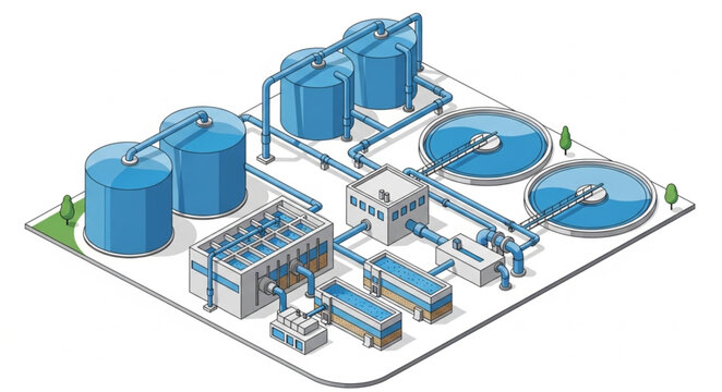 Isometric industrial water treatment plant illustration view.