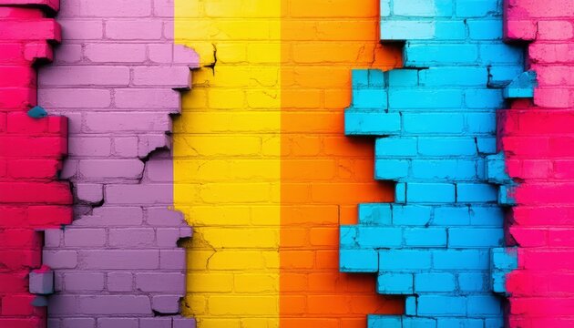 A colorful grunge texture of a broken red brick wall background featuring a 3d pattern of old stone blocks and cracked concrete building architecture