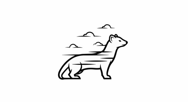 Stylized illustration of a fast-moving weasel in profile against a cloudy sky