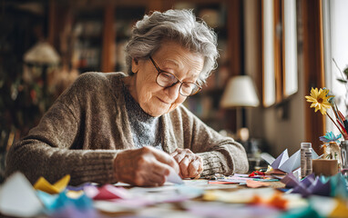 Senior woman with glasses focused on folding colorful origami at home. Elderly lady enjoying a relaxing creative hobby by the window in a cozy living room. Active aging and retirement lifestyle.