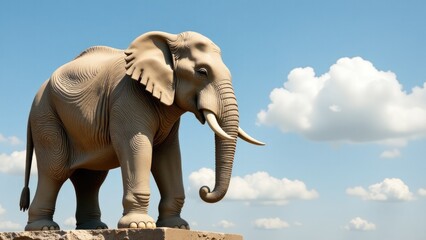 Fototapeta premium A majestic elephant statue stands tall atop a rocky outcropping, perfect for use in adventure or wildlife-themed designs