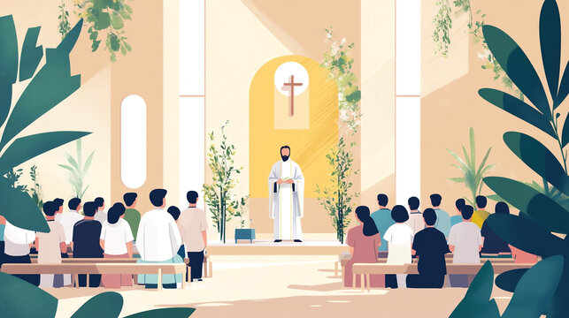 Church scene with parishioners and priest during Palm Sunday. Simple geometric shapes and pastel tones make the composition clean and harmonious