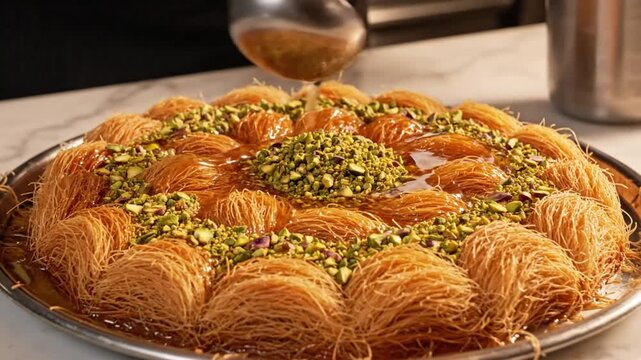 Chef pouring syrup over a fresh dessert with shredded phyllo dough and pistachios, a delicious treat
