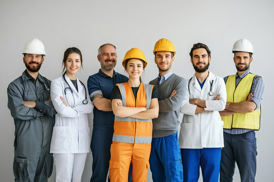 Modern illustration of diverse professionals on a neutral background. Simple composition highlights confidence and team collaboration