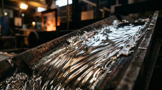 A close-up photograph of shiny, reflective silver fish being unloaded from a conveyor belt in a dimly lit industrial fish processing plant.