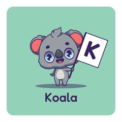 Naklejka premium Cute koala holding flag with letter K for fun educational purposes, illustrations