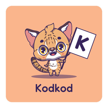 Cute kodkod holding flag with letter K for fun educational purposes, illustrations