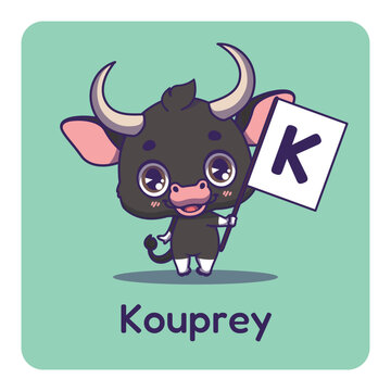 Cute kouprey holding flag with letter K for fun educational purposes, illustrations