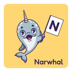 Cute narwhal holding flag with letter N for fun educational purposes, illustrations © agnessz