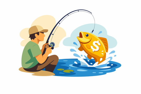 Businessman catching golden fish with dollar sign symbol vector