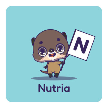 Cute nutria holding flag with letter N for fun educational purposes, illustrations