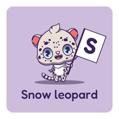 Fototapeta premium Cute snow leopard holding flag with letter S for fun educational purposes, illustrations