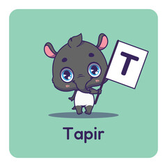 Fototapeta premium Cute tapir holding flag with letter T for fun educational purposes, illustrations