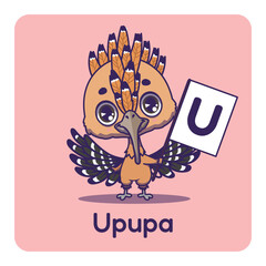 Cute upupa holding flag with letter U for fun educational purposes, illustrations © agnessz