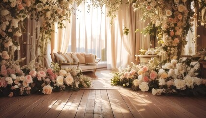 Fototapeta premium Elegant Wedding Venue with Floral Decorations and Soft Lighting.