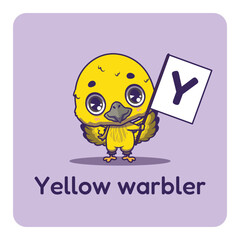 Fototapeta premium Cute yellow warbler holding flag with letter Y for fun educational purposes, illustrations