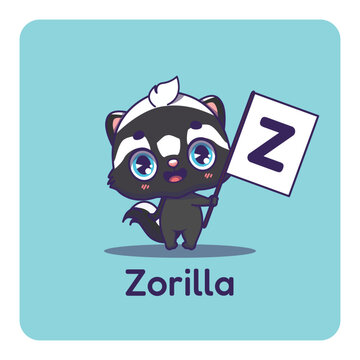 Cute zorilla holding flag with letter Z for fun educational purposes, illustrations