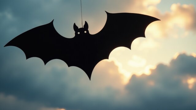 A solitary bat hangs from a thin string, perhaps in a cave or abandoned building