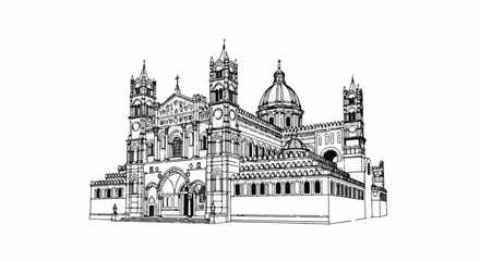 Fototapeta premium Detailed black and white sketch of a grand cathedral with multiple towers and a dome