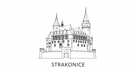 Obraz premium Detailed black and white sketch of a medieval castle with multiple towers and a grand entrance