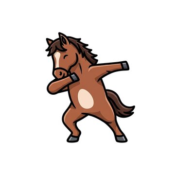 A cartoon-style illustration of a brown horse performing the "dab" dance move on a white background. The horse has a light-colored patch on its belly