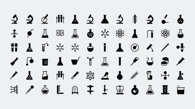 Set of 70 Black Science and Laboratory Icons Vector