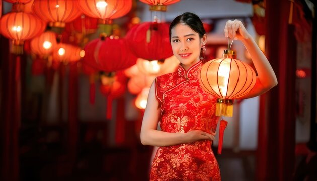 Elegant woman celebrates Chinese New Year with traditional lantern.