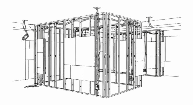 Construction scene shows metal framing and drywall in progress
