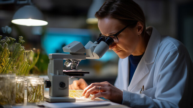 Forensic botanist examining pollen evidence through stereoscope in dimly lit laboratory, reference plant specimens and comparison slides organized methodically, ideal for criminal