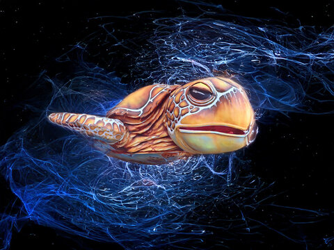Tartaruga marina stilizzata che nuota attraverso un tunnel di luce a onde blu elettrico astratto, sfondo nero cosmico 409b