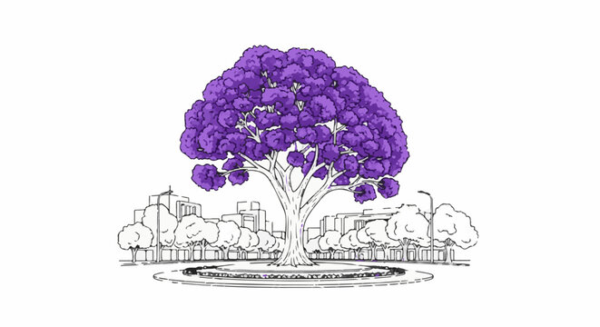 Artistic sketch of a vibrant purple tree in a city park setting