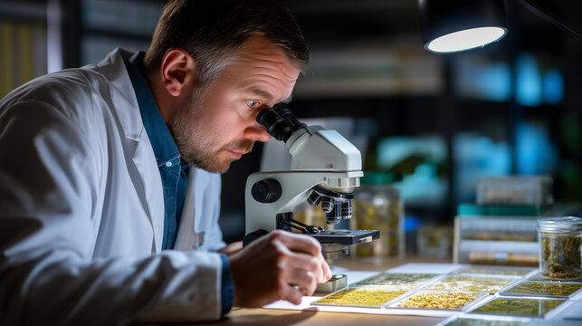 Forensic botanist examining pollen evidence through stereoscope in dimly lit laboratory, reference plant specimens and comparison slides organized methodically, ideal for criminal