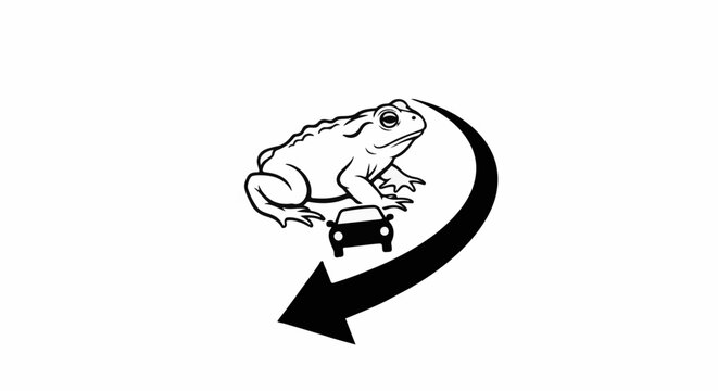 Cartoon frog and car symbol in a black circular arrow