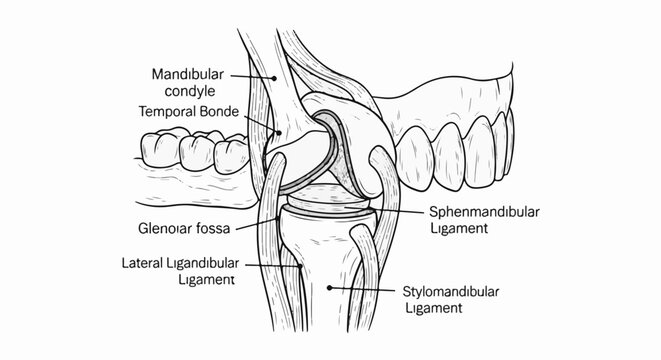 Detailed illustration of the temporomandibular joint with labeled parts