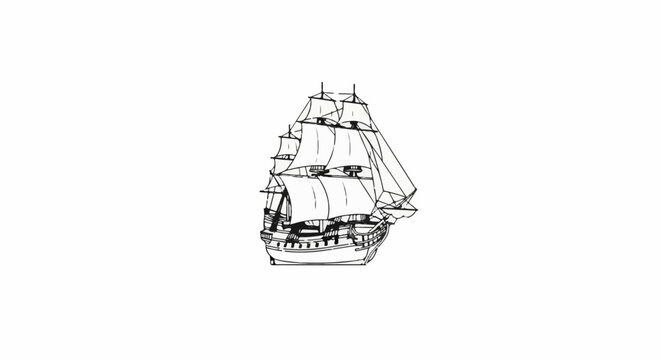 Detailed line drawing of a sailing ship with multiple masts and sails
