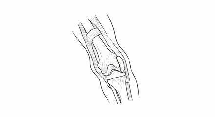 Obraz premium Detailed line drawing of the human knee joint, showing bones, cartilage, and ligaments