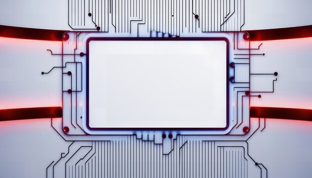 A digital illustration of a computer chip or microprocessor with red glowing accents and complex circuitry in the background on a light gray surface